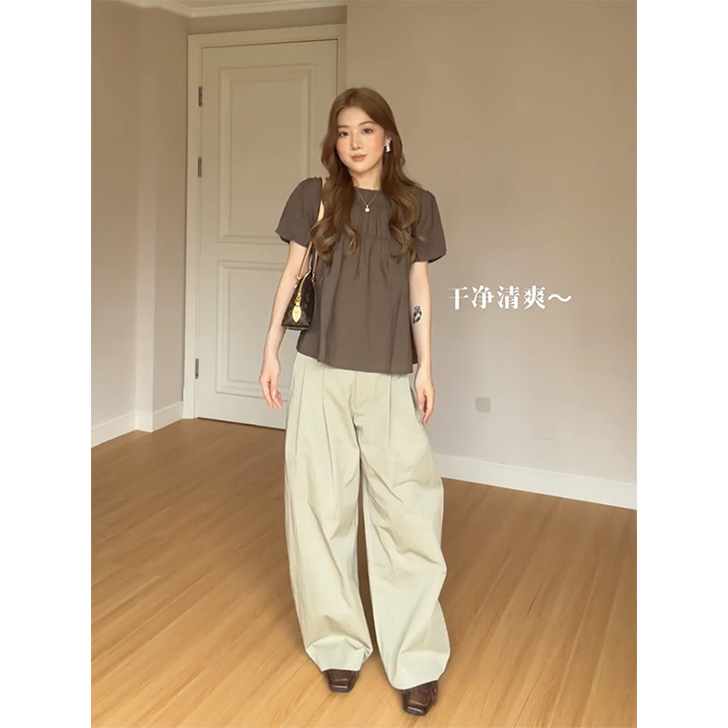 정가 프랑스식 레트로 주름 루즈핏 반팔 셔츠 맨위 하이웨이스트 슬림해 보이는 넓은 다리 캐주얼 바지 세트
