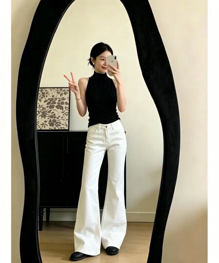 정가 재고 있음 빛 요리 한 출퇴근 바람 검정색 몸매 가꾸기 행침 목 조끼 여름 하이웨이스트 슬림해 보이는 넓은 다리 청바지 세트