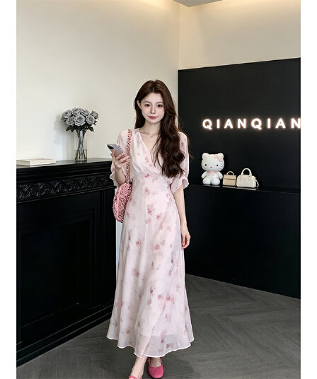 정가 프랑스식 부드러운 바람 꽃무늬 V넥 여성 드레스 여름 고급 센스 품격 허리 수축 길다 치마