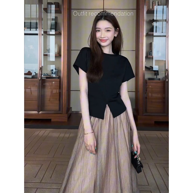정가 달콤한 스타일 레이스 라운드 넥 반팔 티셔츠 맨위 여성 여름 디자인 센스 한 마디 반신 치마 세트