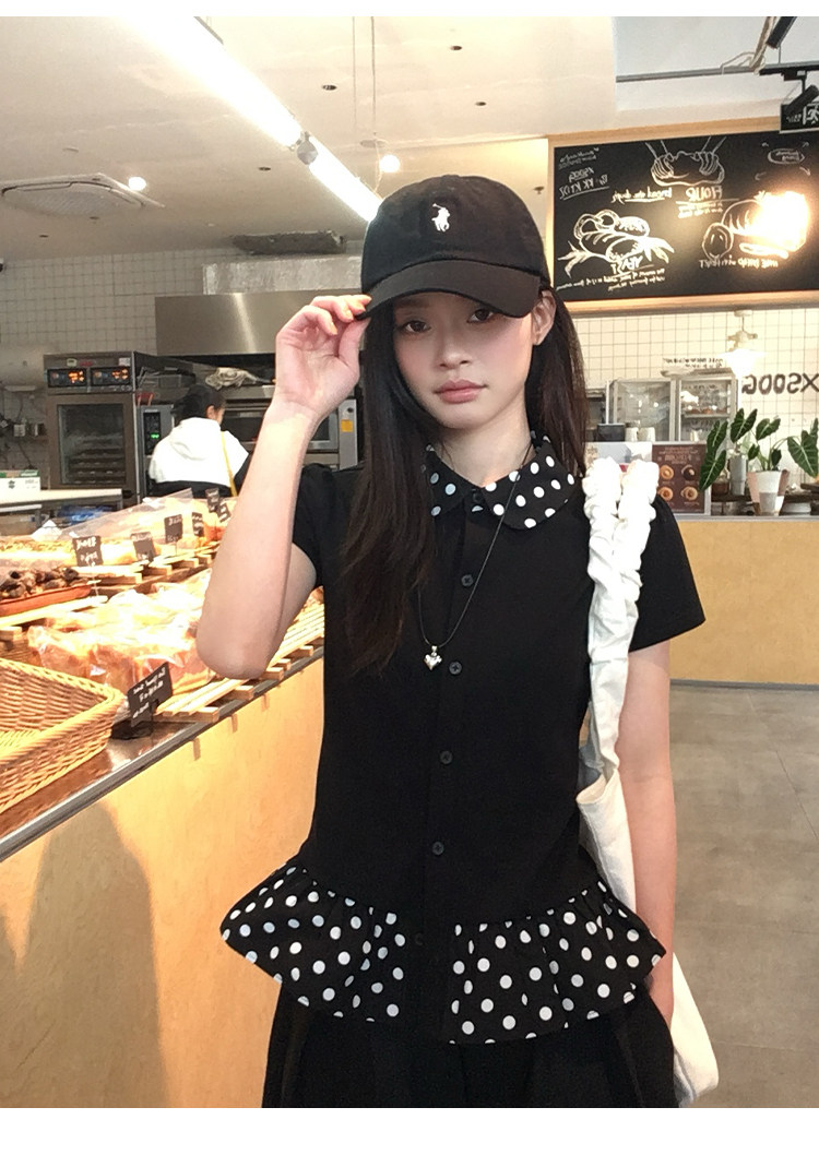 정가 배색 도트 무늬 베이비 칼라 반팔 티셔츠 여성 여름 새로운 디자인 센스 몸매 가꾸기 슬림해 보이는 다용도 맨위