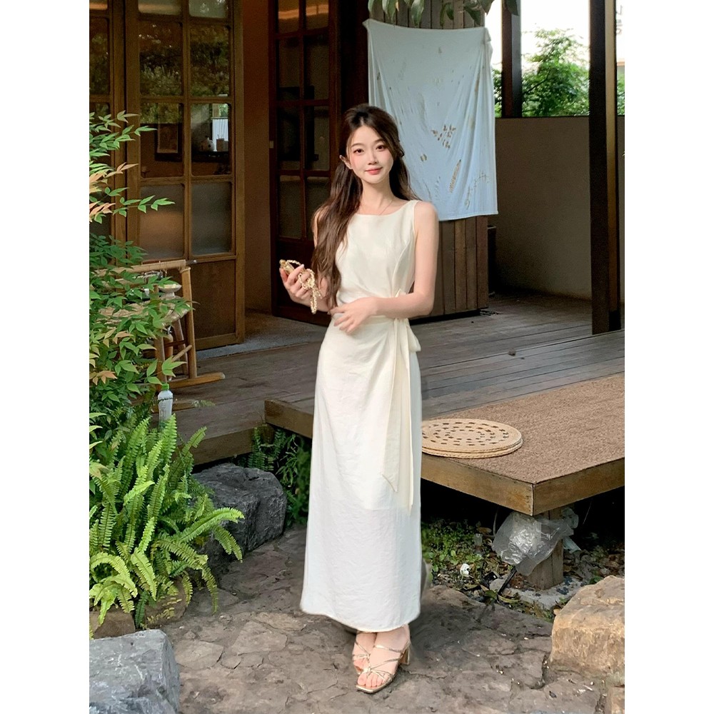정가 프랑스식 부드러운 바람 보트넥 민소매 조끼 여성 드레스 여름 레이스업 우아함 롱 스커트