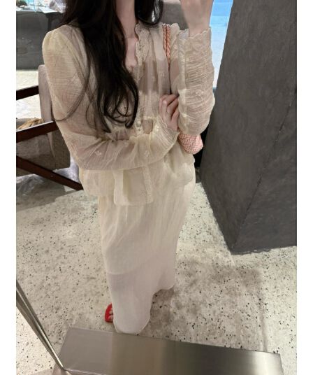 정가 프랑스식 부드러운 바람 레이스 레이스 긴팔 맨위 여성 여름 하이웨이스트 슬림해 보이는 반신 치마 세트