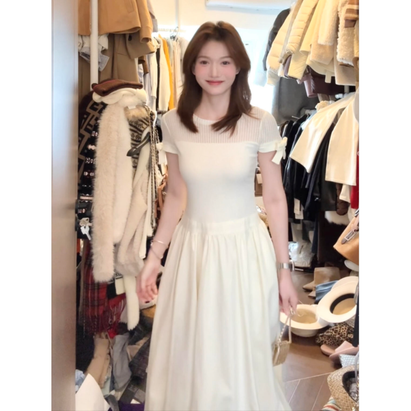 정가 프랑스식 달콤한 스타일 나비 매듭 반팔 여성 드레스 여름 허리 수축 슬림해 보이는 꽃밭 길다 치마