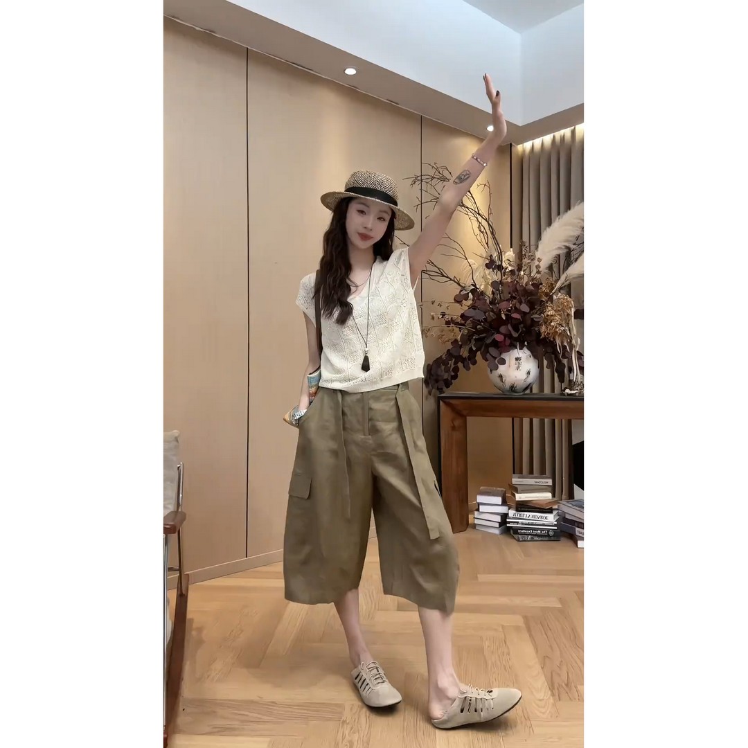 정가 오래된 돈 바람 느슨함 센스 홀로우 아웃 반팔 맨위 워크웨어 와이드 레그 팬츠 7부 바지 슬림해 보이는 캐주얼 세트