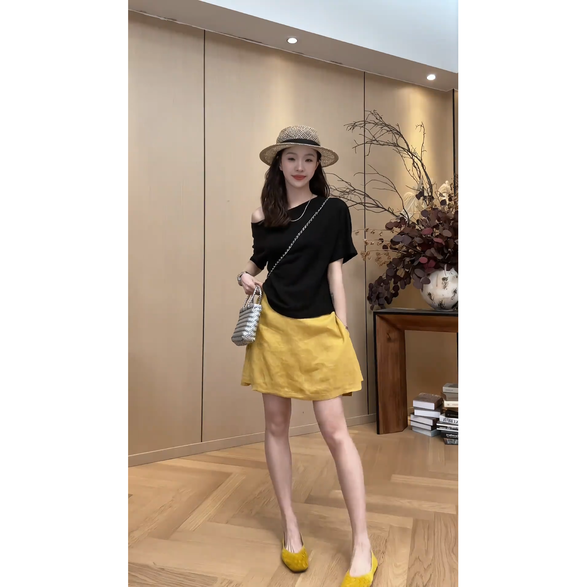 정가 프랑스식 비스듬한 칼라 오프숄더 반팔 티셔츠 맨위 여성 여름 새로운 하이웨이스트 반신 치마바지 세트