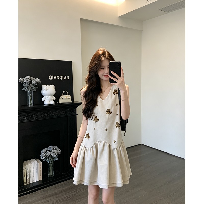 정가 한 부서 달콤한 스타일 V넥 조끼 여성 드레스 코디 여름 새로운 루즈핏 슬림해 보이는 미니 스커트