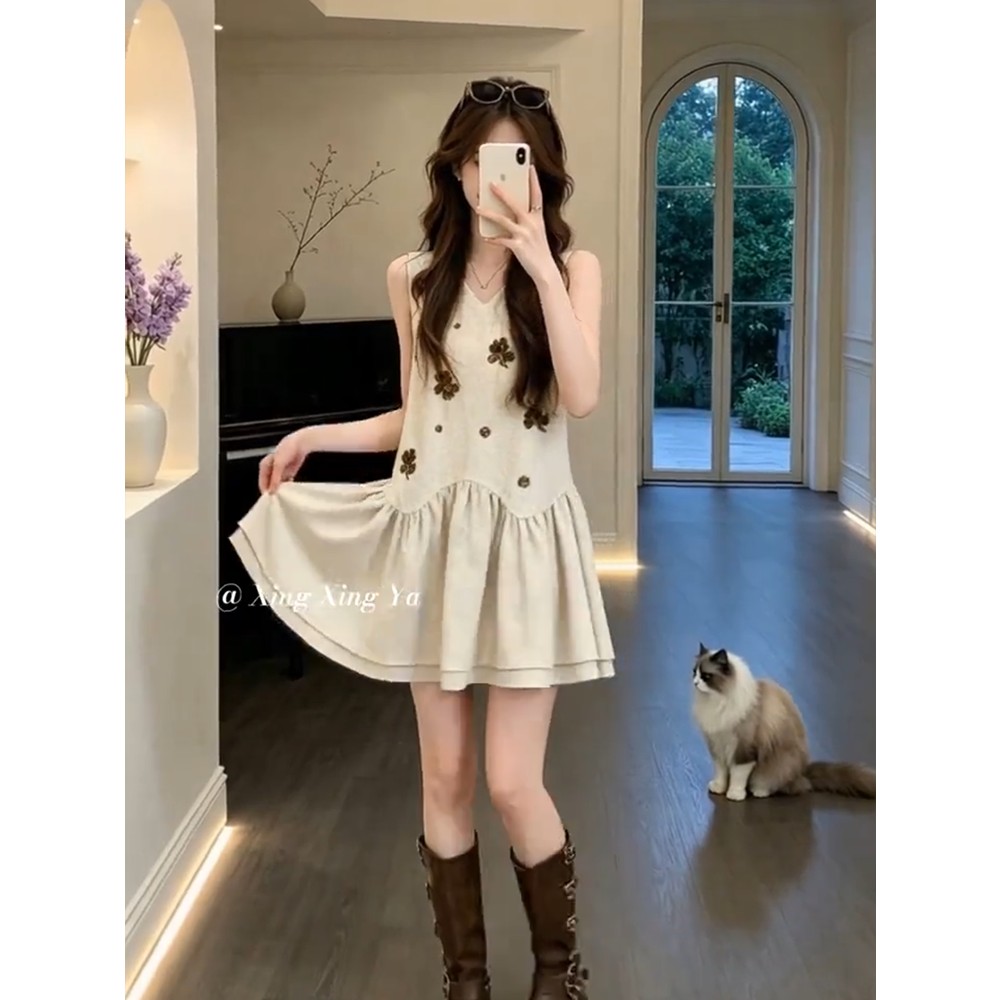 정가 한 부서 달콤한 스타일 V넥 조끼 여성 드레스 코디 여름 새로운 루즈핏 슬림해 보이는 미니 스커트