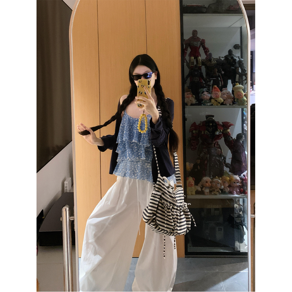 정가 달콤한 스타일 꽃무늬 캐미솔 긴팔 자외선 차단 오픈 가디건 여성 루즈핏 넓은 다리 캐주얼 바지 세트