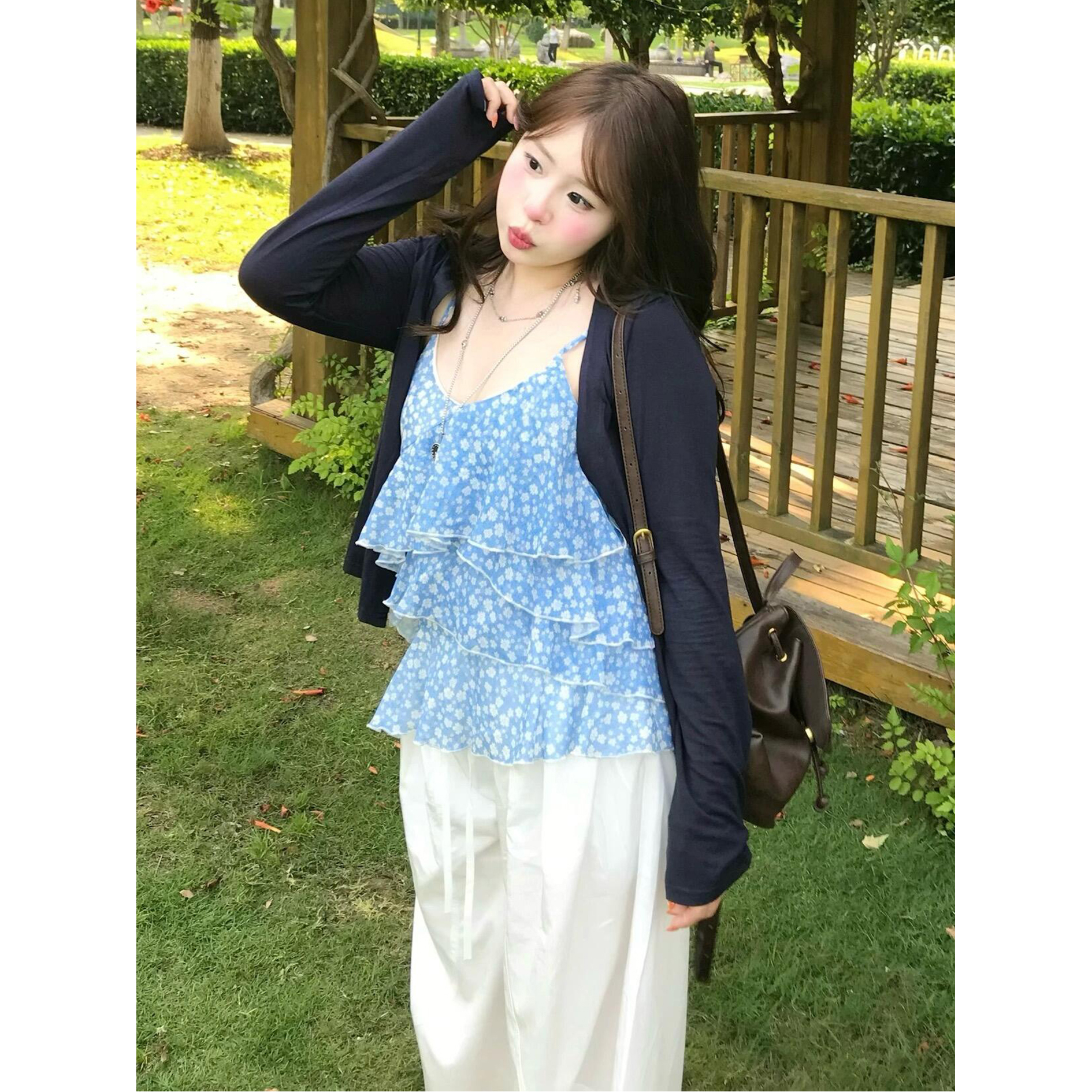 정가 달콤한 스타일 꽃무늬 캐미솔 긴팔 자외선 차단 오픈 가디건 여성 루즈핏 넓은 다리 캐주얼 바지 세트