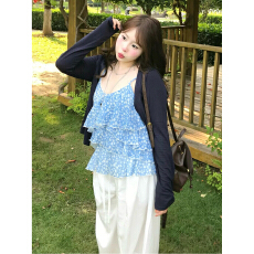 批发实价甜美风碎花吊带背心长袖防晒开衫女<b class='q'>宽松</b>阔腿休闲裤套装