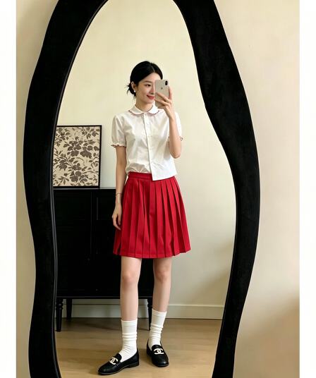 정가 한 부서 베이비 칼라 반팔 셔츠 맨위 여성 여름 새로운 빨간색 플리츠 슬림해 보이는 반신 치마 세트