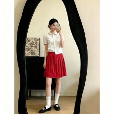 批发实价韩系娃娃领短袖衬衫上衣女夏季新款红色百褶显瘦半身裙套装
