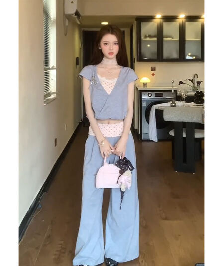정가 한 부서 소녀 센스 별 슬립 날다 소매 슬림해 보이는 맨위 여름 페이크 레이어드 캐주얼 바지 세트