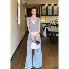 批发实价韩系少女感星星吊带飞袖显瘦上衣夏季假两件休闲裤套装