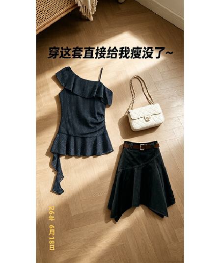 정가 여름 새로운 한 부서 불규칙 도트 무늬 맨위 여성 코디 슬림해 보이는 불규칙 반신 치마 세트