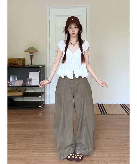 정가 프랑스식 베이비 칼라 싱글 줄 버튼 반팔 여성 셔츠 다용도 슬림해 보이는 와이드 레그 팬츠 패션 세트