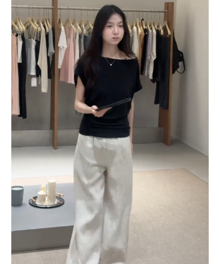 정가 순수한 욕망 바람 오프숄더 반팔 티셔츠 맨위 여성 루즈핏 슬림해 보이는 넓은 다리 캐주얼 바지 투피스 슈트