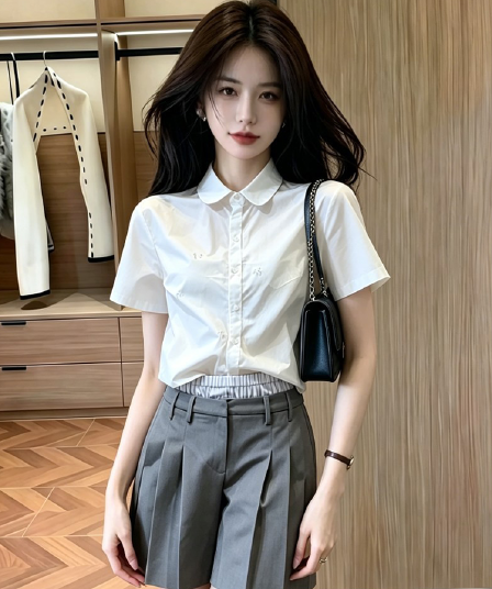 정가 한 부서 출퇴근 바람 폴로 칼라 반팔 여성 셔츠 여름 디자인 센스 정장 오부 바지 세트