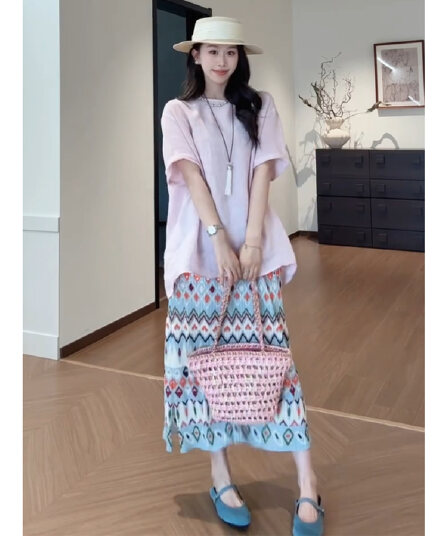정가 한 부서 달콤한 스타일 루즈핏 반팔 티셔츠 맨위 여성 여름 새로운 프린트 반신 치마 세트