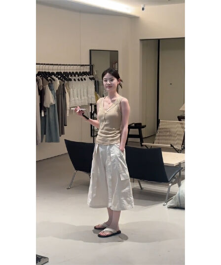 정가 한 부서 부드러운 바람 V넥 민소매 조끼 맨위 여성 여름 루즈핏 넓은 다리 7부 바지 세트