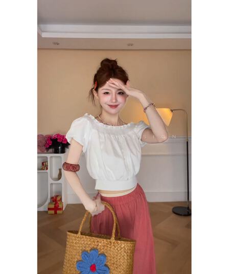 정가 한 부서 부드러운 바람 화이트 스트랩 반팔 티셔츠 여성 여름 새로운 도루 센스 넓은 다리 캐주얼 바지 투피스 세트