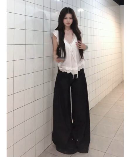 정가 한 부서 연령 감소 V넥 프릴 작은 셔츠 맨위 여성 여름 루즈핏 넓은 다리 캐주얼 바지 세트