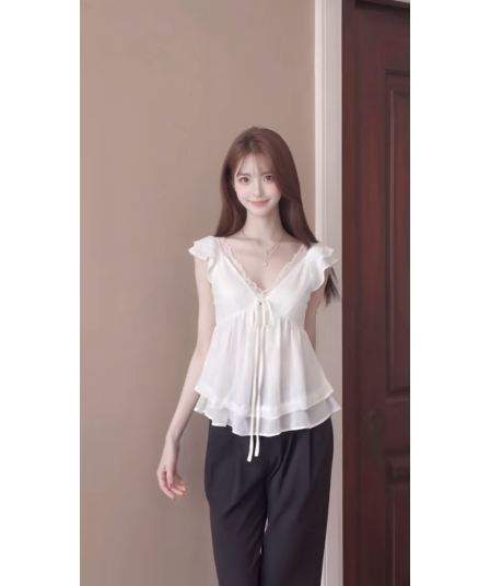 정가 한 부서 연령 감소 V넥 프릴 작은 셔츠 맨위 여성 여름 루즈핏 넓은 다리 캐주얼 바지 세트