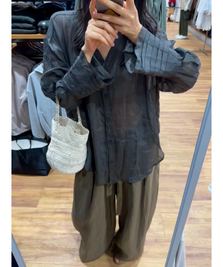 정가 한 부서 연령 감소 바람 V넥 나팔 소매 얇은 스타일 셔츠 맨위 루즈핏 와이드 레그 팬츠 여름 세트