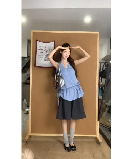 정가 한 부서 연령 감소 V넥 핀치 Pleat 펌프 로프 조끼 맨위 여성 품격 하이웨이스트 슬림해 보이는 반신 치마 세트