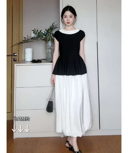 정가 프랑스식 우아함 바람 폴로 칼라 프릴 맨위 여성 여름 하이웨이스트 한 마디 꽃밭 반신 치마 세트