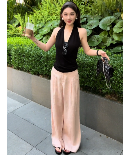 정가 빛 요리 한 출퇴근 바람 니트 행침 목 V넥 조끼 여성 여름 하이웨이스트 와이드 레그 팬츠 품격 세트