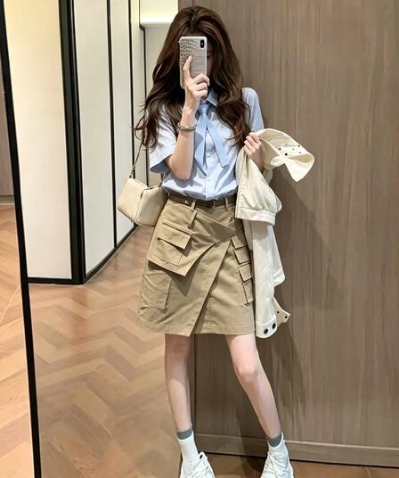정가 한 부서 출퇴근 바람 루즈핏 폴로 칼라 반팔 여성 셔츠 여름 품격 슬림해 보이는 반신 치마 세트