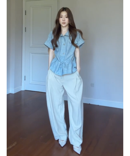 정가 디자인 센스 폴로 칼라 레이스업 반팔 셔츠 맨위 여성 여름 루즈핏 슬림해 보이는 와이드 레그 팬츠 세트