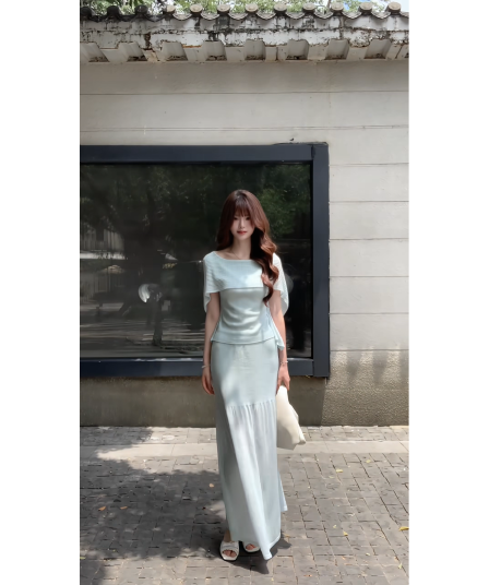 정가 부드러운 감기 센스 니트 세트 여성 여름 통기성 메시 그리드 숄 니트 블라우스 가져 가라. 하이웨이스트 인어 꼬리 스커트