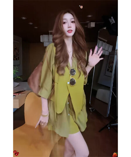 정가 한 부서 고급 센스 페이크 레이어드 V 넥 셔츠 맨위 여성 여름 하이웨이스트 캐주얼 반바지 세트