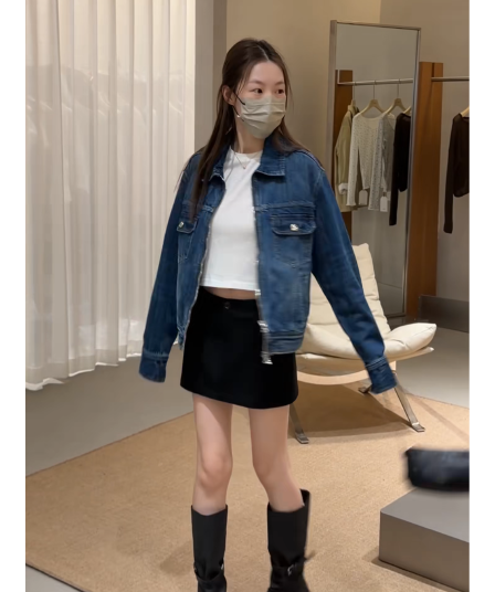 정가 한 부서 레트로 파란색 긴팔 데님 여성 코트 이른 가을 하이웨이스트 한 마디 반신 스커트 투피스 세트