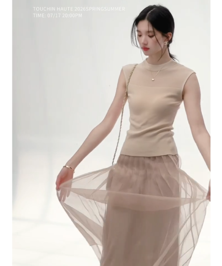 정가 달콤함 부드러운 바람 민소매 조끼 맨위 여성 여름 새로운 한 마디 망사 반신 치마 세트