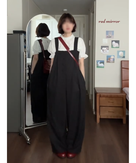 정가 한 부서 달콤한 스타일 프릴 거품 소매 여성 셔츠 단추 루즈핏 멜빵 긴 바지 세트