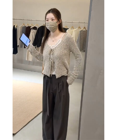 정가 이른 가을 느슨함 센스 V넥 레이스업 슬립 니트 오픈 가디건 여성 디자인 센스 넓은 다리 길이 바지 세트