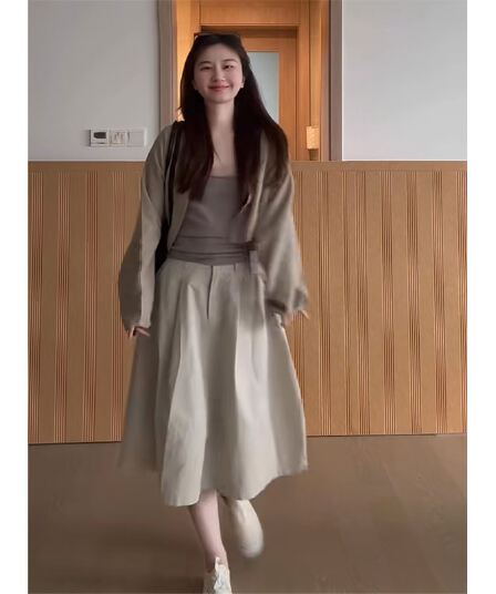 정가 프랑스식 부드러운 바람 긴팔 카디건 코트 인사이드 가져 가라. 슬립 맨위 하이웨이스트 반신 스커트 3종 세트