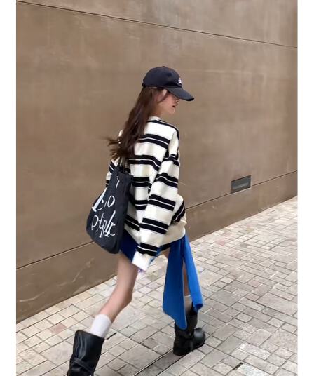 정가 재고 있음 아메리칸 레트로 스트라이프 배색 라운드 넥 긴팔 루즈핏 후드티 여성 하이웨이스트 슬림해 보이는 반바지 세트