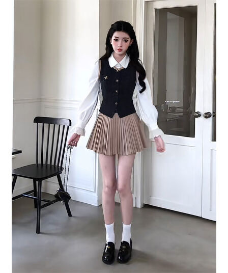 정가 프랑스식 소녀 바람 베이비 칼라 긴팔 셔츠 베스트 조끼 여성 플리츠 반신 스커트 3종 세트