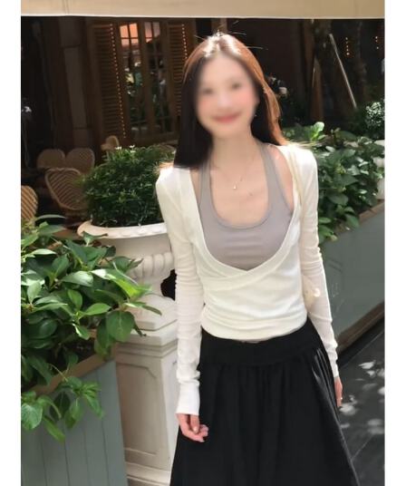 정가 순수한 욕망 로얄 자매 바람 페이크 레이어드 행침 목 긴팔 맨위 이른 가을 새로운 한 마디 반신 치마 세트
