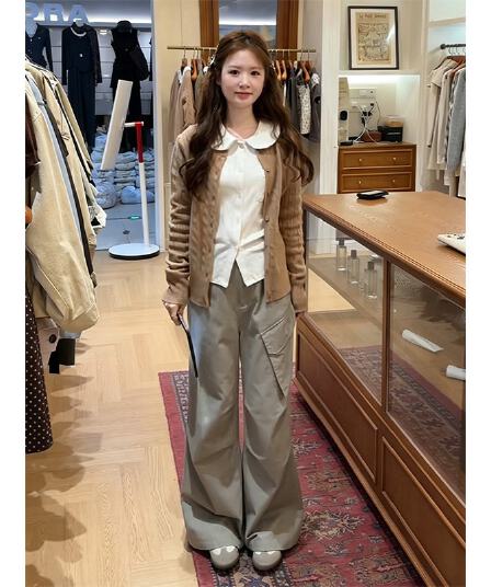 정가 복잡한 고대 돈 바람 꽈배기 니트 오픈 가디건 여성 가을 새로운 루즈핏 넓은 다리 캐주얼 바지 세트