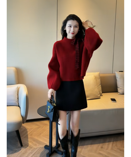 정가 프랑스식 천 금빛 바람 나비 매듭 루즈핏 긴팔 맨위 하이웨이스트 슬림해 보이는 한 마디 반신 치마 세트