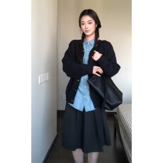 批发实价有货韩系慵懒风宽松开衫外套内搭翻领牛仔衬衫女<b class='q'>半身裙</b>三件套