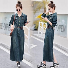 批发春秋过膝超长款新款女复古气质收腰显瘦高个子长袖<b class='q'>牛仔</b><b class='q'>连衣裙</b>长裙