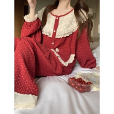 批发实拍实价韩版甜美重工刺绣蕾丝撞色喜庆好运秋季长袖外穿家居服套