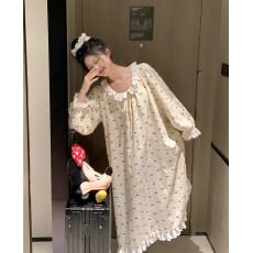 批发实拍实价韩版甜美宽松<b class='q'>全棉</b>提花可爱蝴蝶结秋季休闲家居服睡裙
